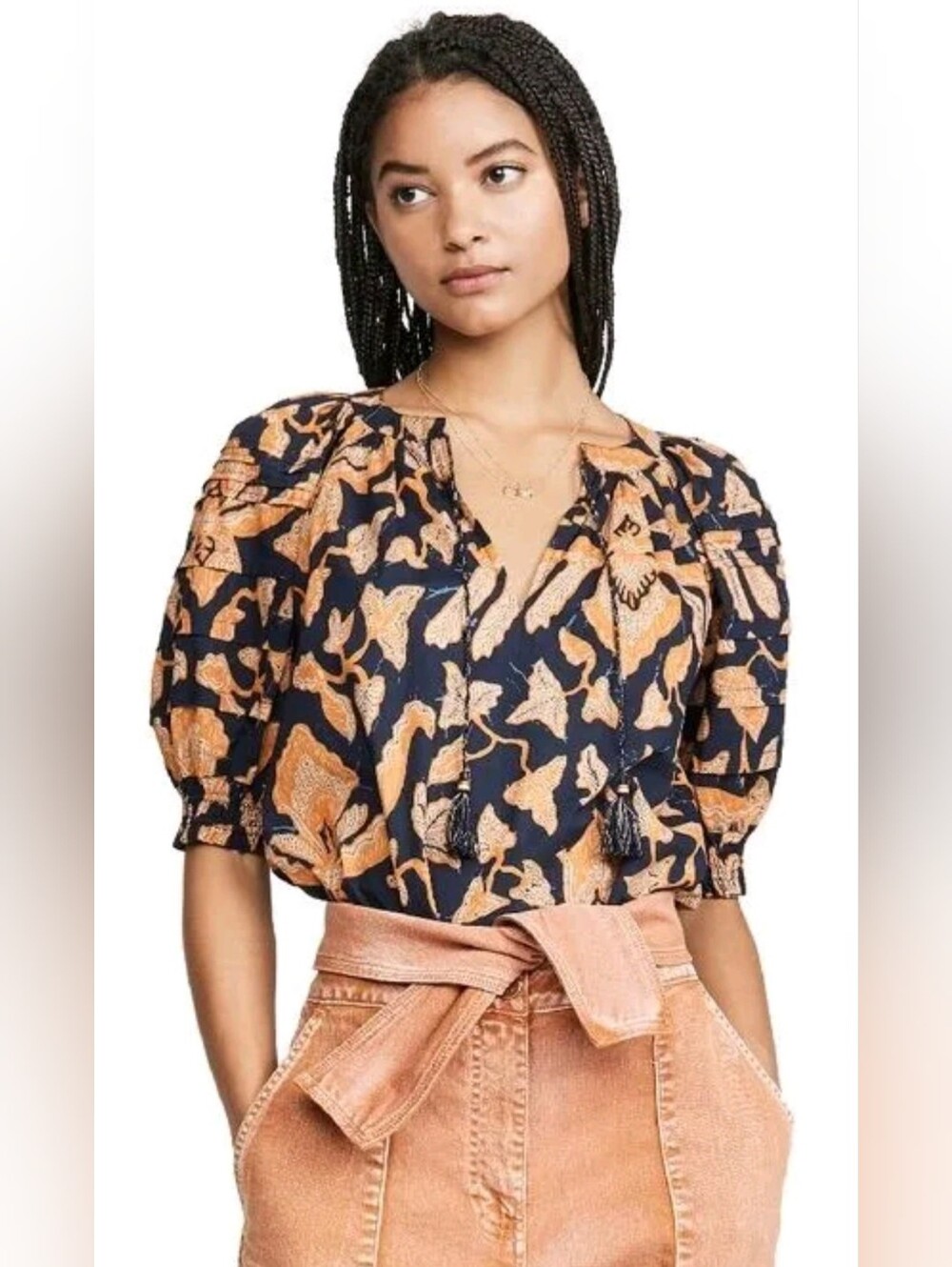 Ulla Johnson Navy and Tan Floral Tassel Tie Puff Sleeve Top